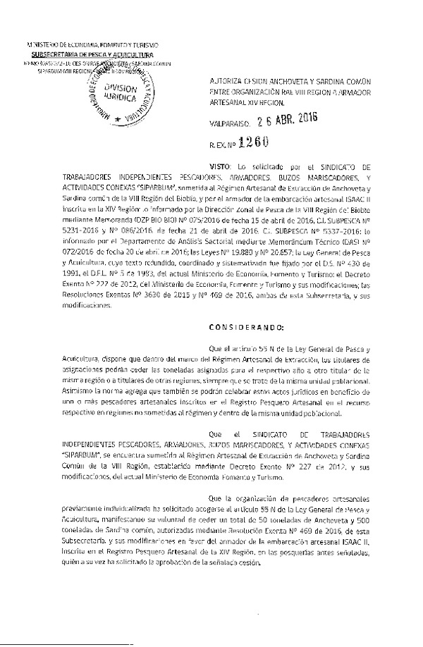 Res. Ex. N° 1260-2016 Autoriza Cesión Anchoveta y Sardina común VIII a XIV Región.