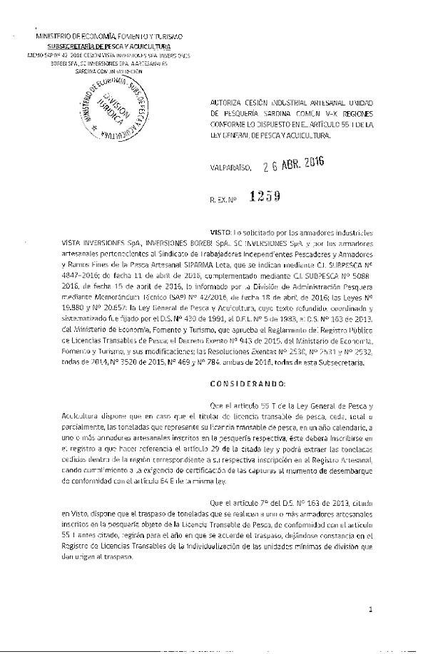 Res. Ex. N° 1259-2016 Autoriza Cesión de Anchoveta y Sardina Común VIII Región.