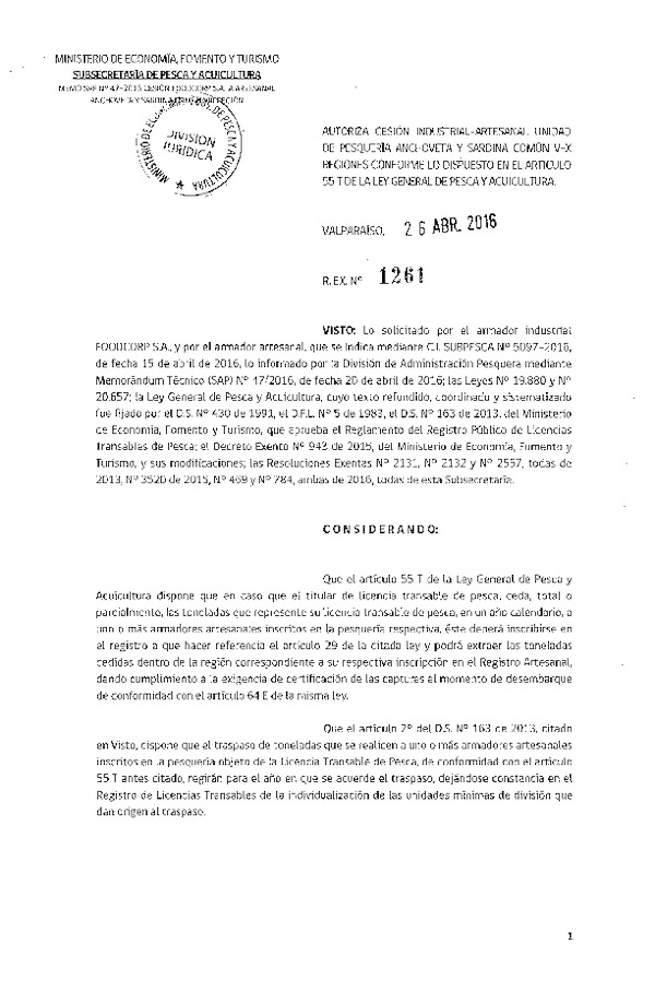 Res. Ex. N° 1261-2016 Autoriza Cesión de Anchoveta y Sardina Común VIII Región.