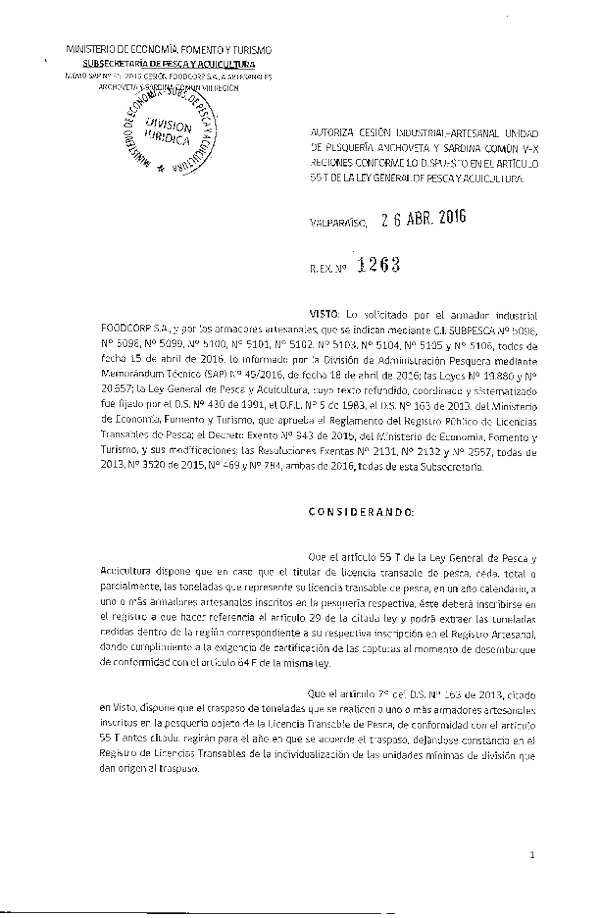 Res. Ex. N° 1263-2016 Autoriza Cesión Anchoveta y Sardina común VIII Región.