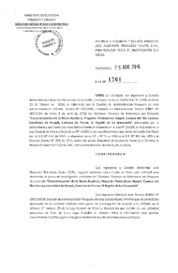 Res. Ex. N° 1264-2016 Caracterización de la biota acuática, IX Región.