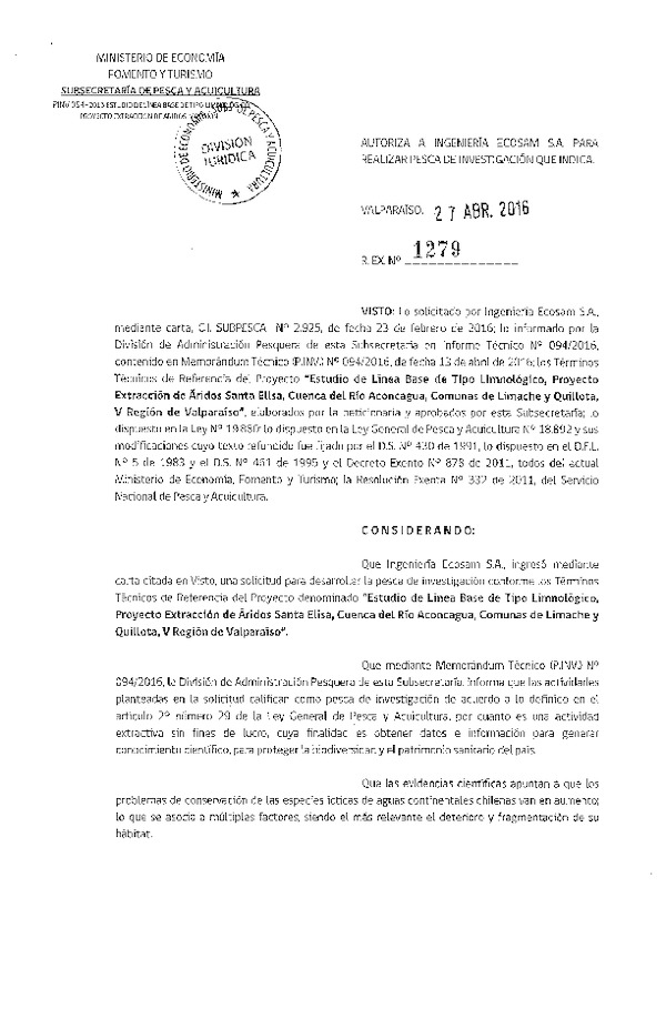 Res. Ex. N° 1279-2016 Estudio de línea base de tipo limnológico, cuenca río Aconcagua, V Región.