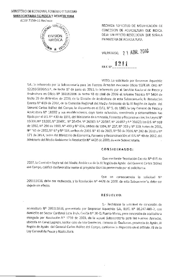 Res. Ex. N° 1211-2016 Rechaza Solicitud de Concesión de Acuicultura.