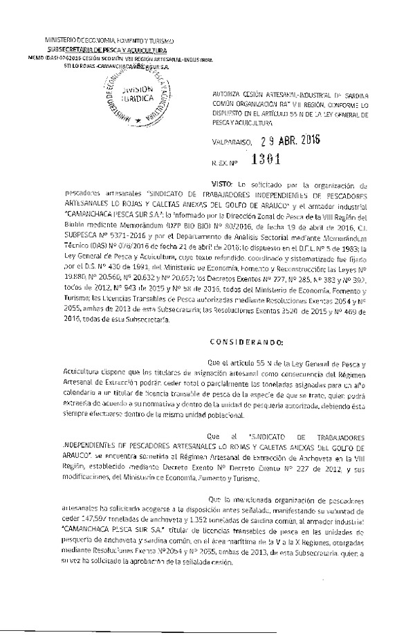Res. Ex. N° 1301-2016 Autoriza Cesión Sardina común, VIII Región.