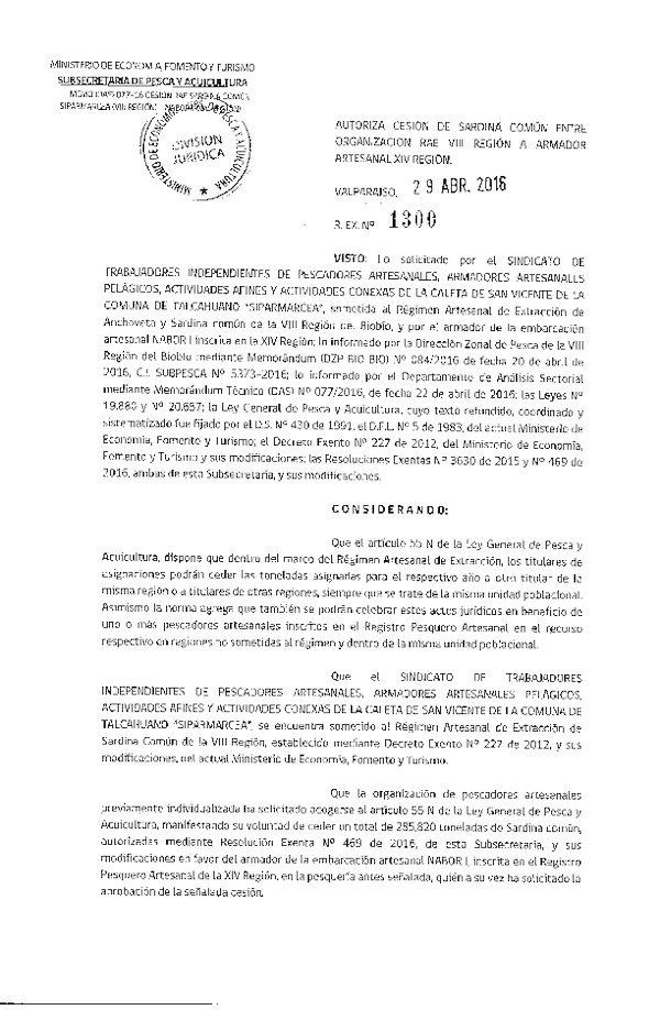 Res. Ex. N° 1300-2016 Autoriza Cesión Sardina común VIII a  VIII Región.