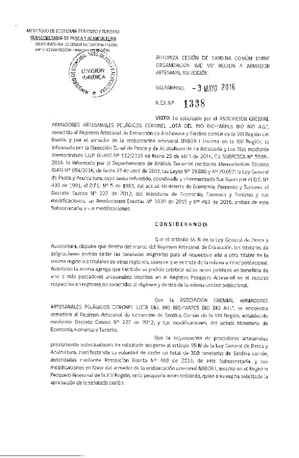 Res. Ex. N° 1338-2016 Autoriza Cesión Sardina común VIII a XIV Región.