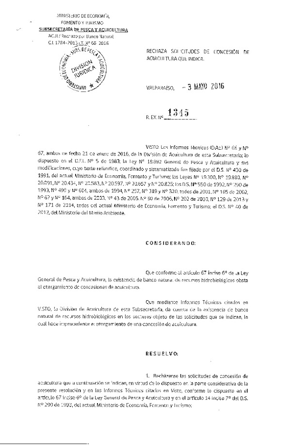 Res. Ex. N° 1345-2016 Rechaza Solicitudes de Concesión de Acuicultura.