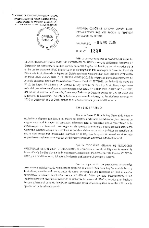 Res. Ex. N° 1356-2016 Autoriza Cesión Sardina común VIII a XIV Región.