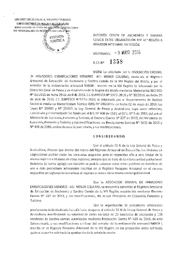 Res. Ex. N° 1358-2016 Autoriza Cesión Anchoveta y Sardina común VIII a XIV Región.