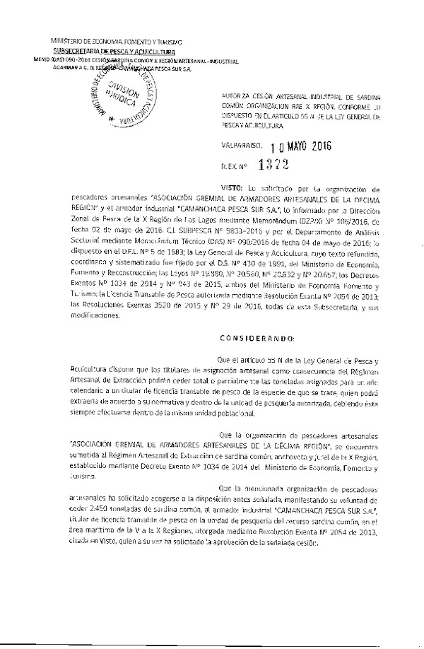 Res. Ex. N° 1372-2016 Autoriza Cesión Sardina común X Región.