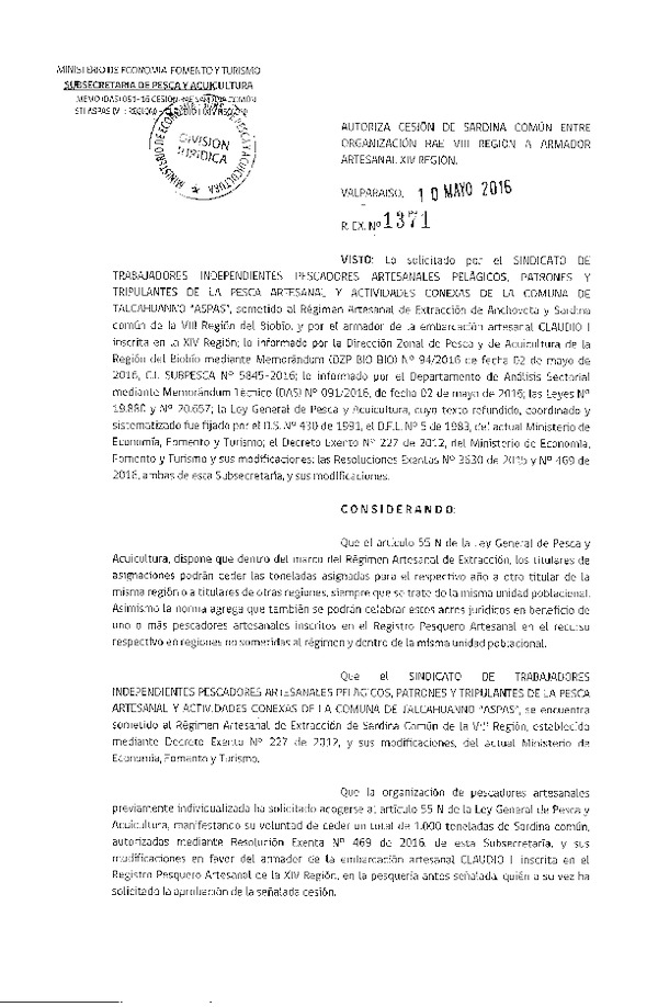 Res. Ex. N° 1371-2016 Autoriza Cesión Sardina común VIII a XIV Región.