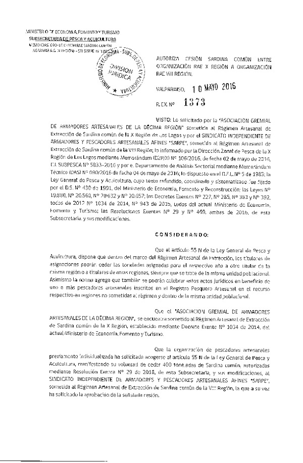 Res. Ex. N° 1373-2016 Autoriza Cesión Sardina común X a VIII Región.
