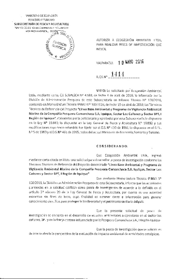 Res. Ex. N° 1414-2016 Línea de base ambiental sector Los Cañones y Sector BPT, I Región.
