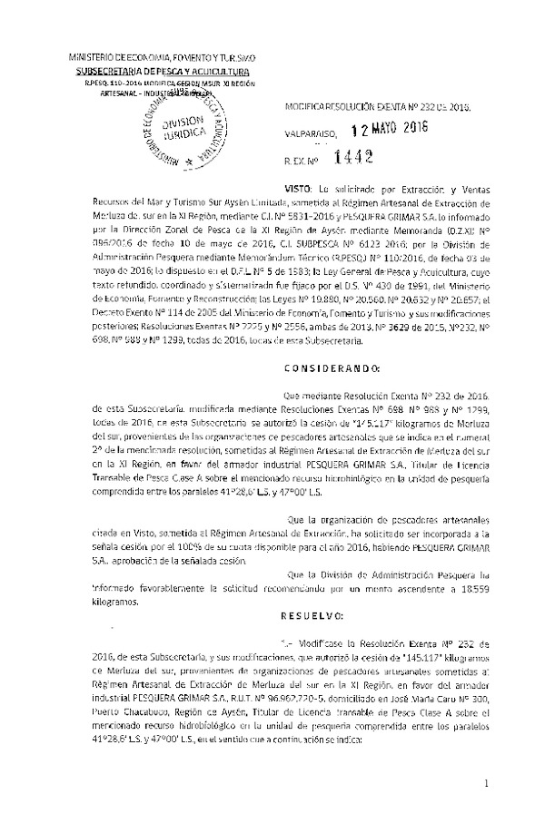 Res. Ex. N° 1442-2016 Modiifca Res. Ex. N° 232-2016 Autoriza Cesión Merluza del sur, XI Región.