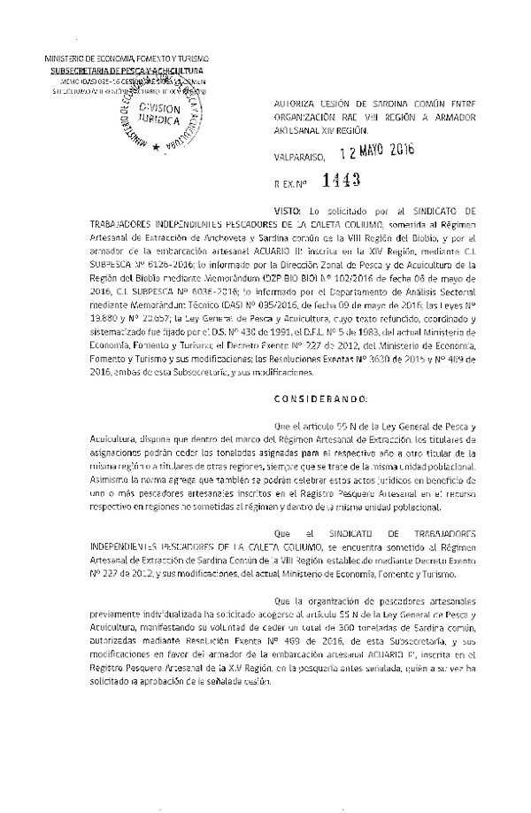 Res. Ex. N° 1443-2016 Autoriza Cesión Sardina común VIII a XIV Región.