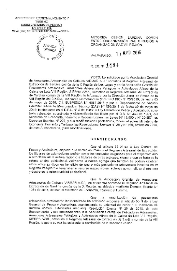 Res. Ex. N° 1494-2016 Autoriza Cesión Sardina común X a VIII Región.