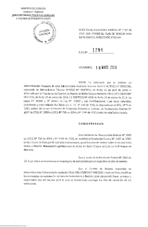Res. Ex. N° 1391-2016 Modifica Res. Ex. Nº 2187-2010 Aprueba Plan de Manejo para Bahía Chasco III Región. (F.D.O. 18-05-2016)
