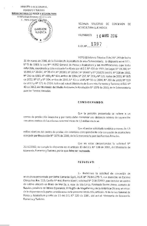 Res. Ex. N° 1397-2016 Rechaza Solicitud de Concesión de Acuicultura.