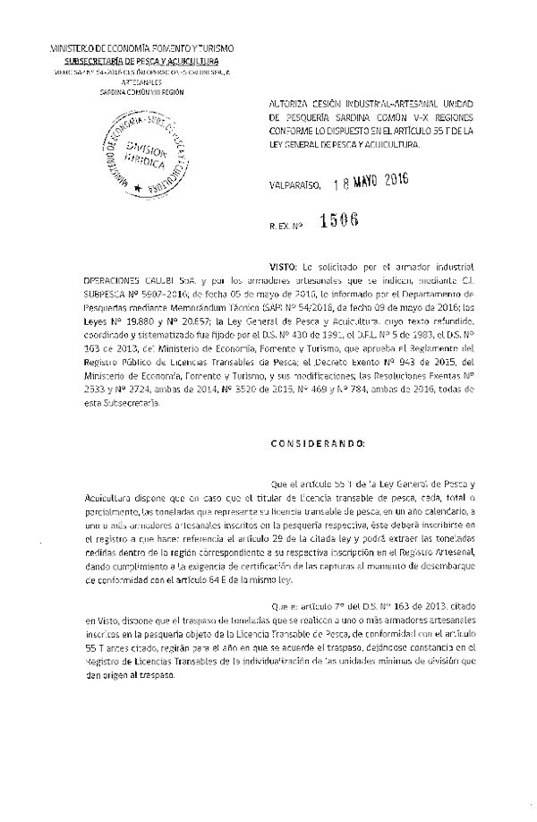 Res. Ex. N° 1506-2016 Autoriza Cesión de Sardina Común VIII Región.