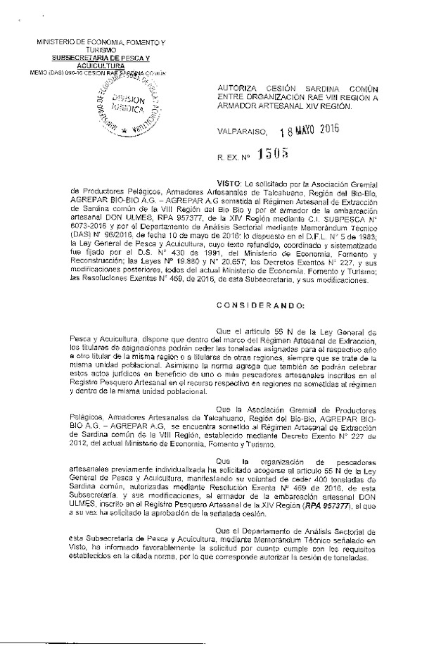 Res. Ex. N° 1505-2016 Autoriza Cesión Sardina común VIII a XIV Región.