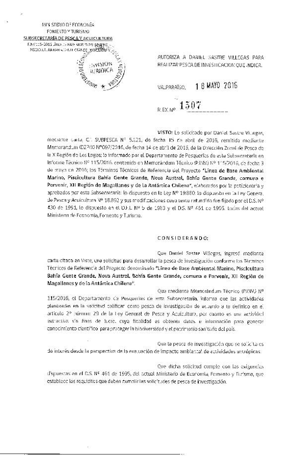 Res. Ex. N° 1507-2016 Línea de base ambiental, Piscicultura Bahía Gente Grande.