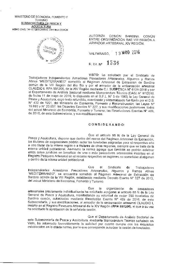 Res. Ex. N° 1536-2016 Autoriza Cesión Sardina común VIII a XIV Región.