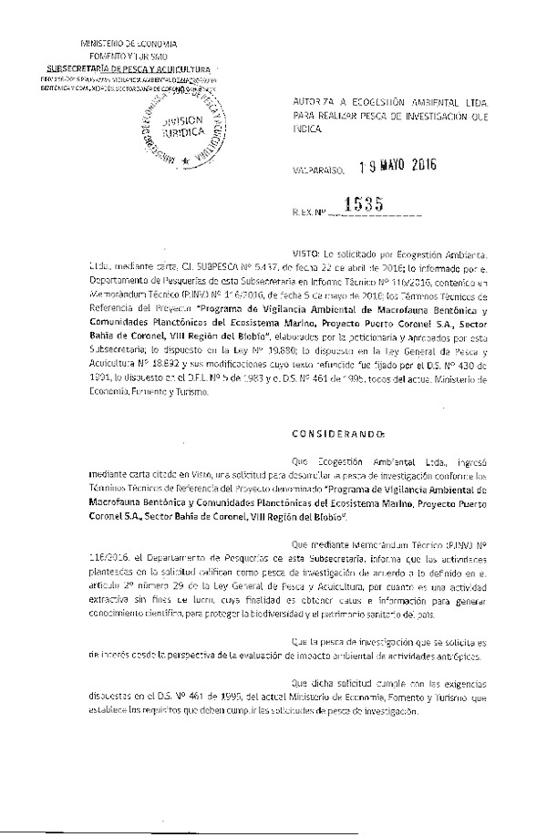 Res. Ex. N° 1535-2016 Plan de vigilancia ambiental de macrofauna bentónica, VIII Región.