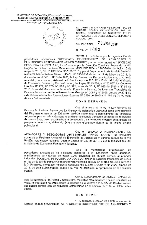 Res. Ex. N° 1603-2016 Autoriza cesión sardina común, VIII Región.