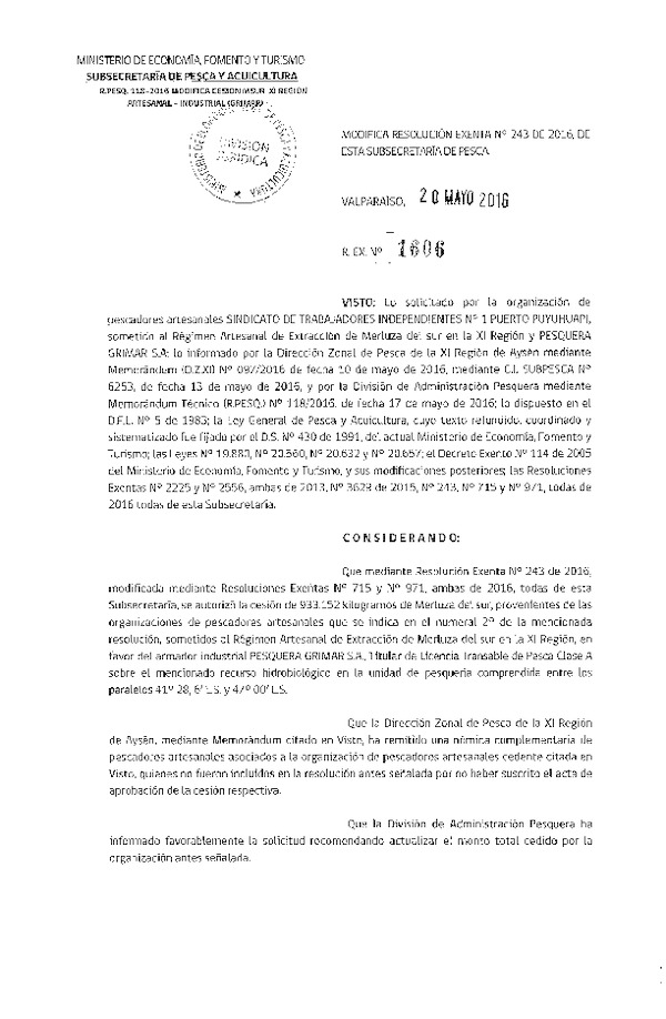 Res. Ex. N° 1606-2016 Modifica Res. Ex. N° 243-2016 Autoriza Cesión Merluza del sur, XI Región.