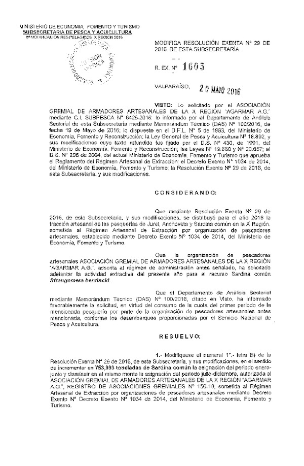 Res. Ex. N° 1605-2016 Modifica Res. Ex. N° 29-2016 Distribución de la Fracción Artesanal de Pesquería de Anchoveta, Sardina común y Jurel en la X Región.
