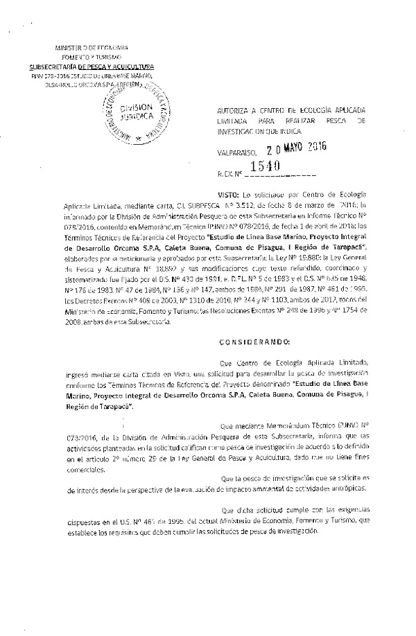 Res. Ex. N° 1540-2016 Estudio de línea base marino, comuna de Pisagua, I Región de Tarapacá.