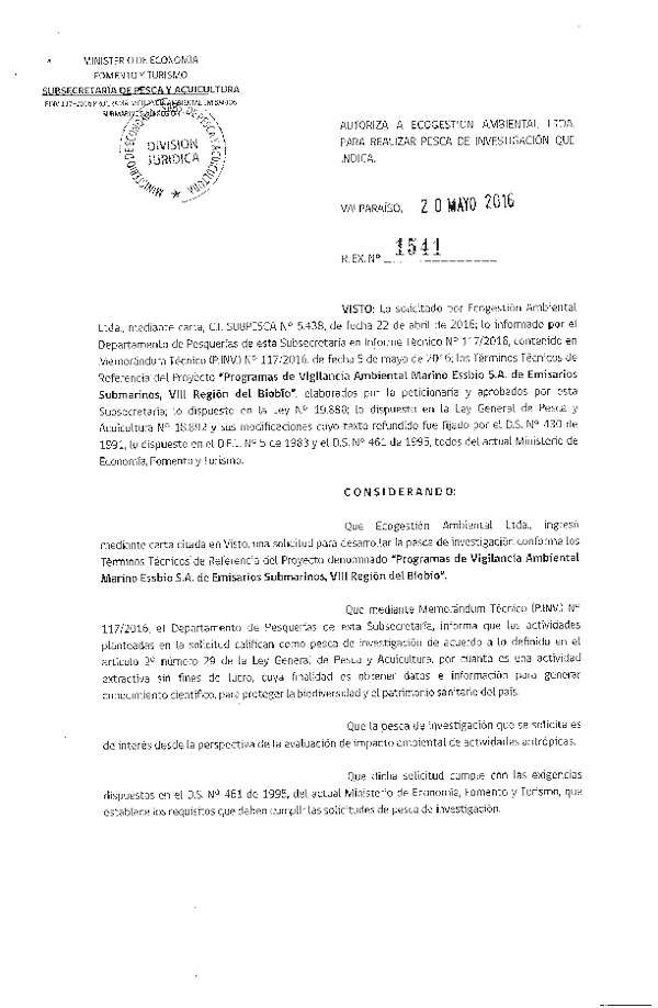 Res. Ex. N° 1541-2016 Programa de vigilancia ambiental Emisario Submarino, VIII Región del Biobío.