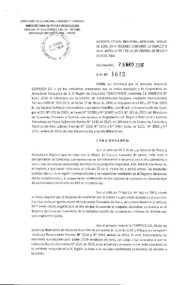 Res. Ex. N° 1643-2016 Autoriza cesión Jurel IV Región.