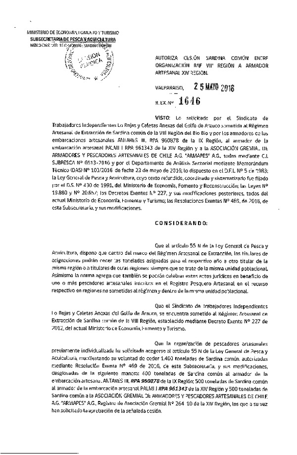 Res. Ex. N° 1646-2016 Autoriza Cesión Sardina común VIII a XIV Región.