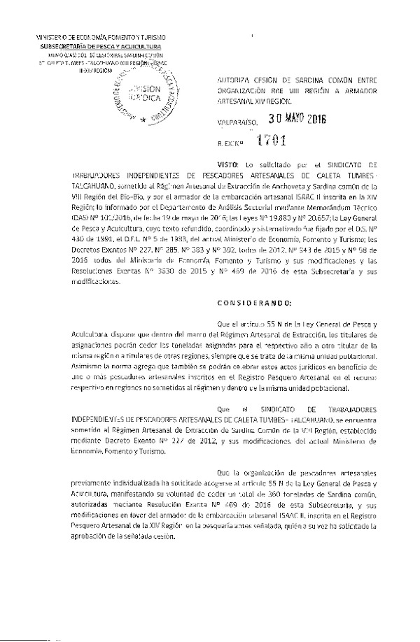 Res. Ex. N° 1701-2016 Autoriza Cesión Sardina común VIII a XIV Región.