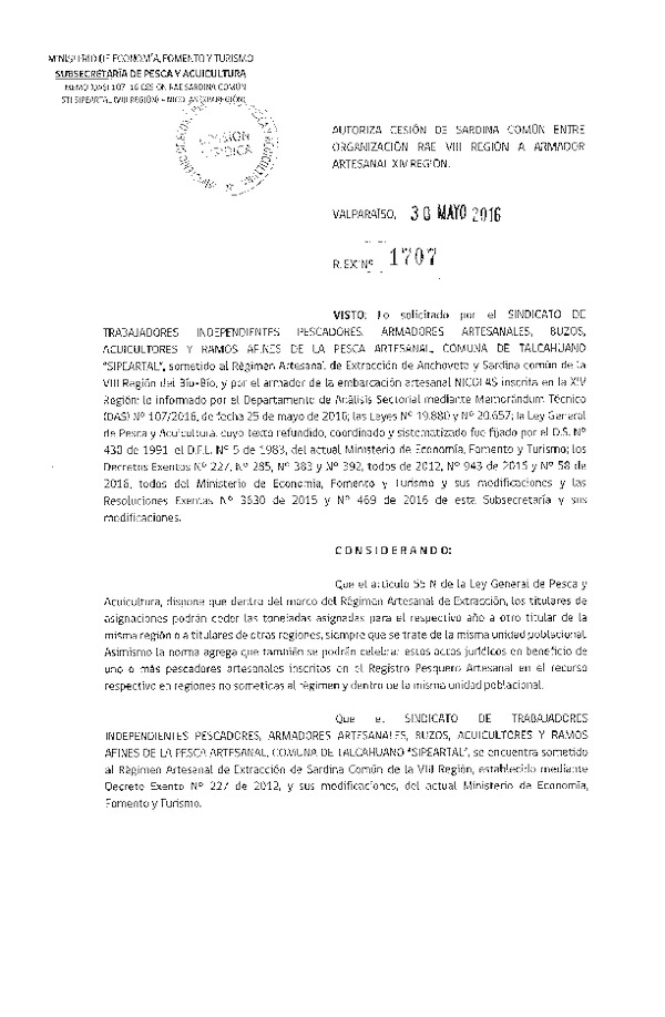 Res. Ex. N° 1707-2016 Autoriza Cesión Sardina común VIII a XIV Región.