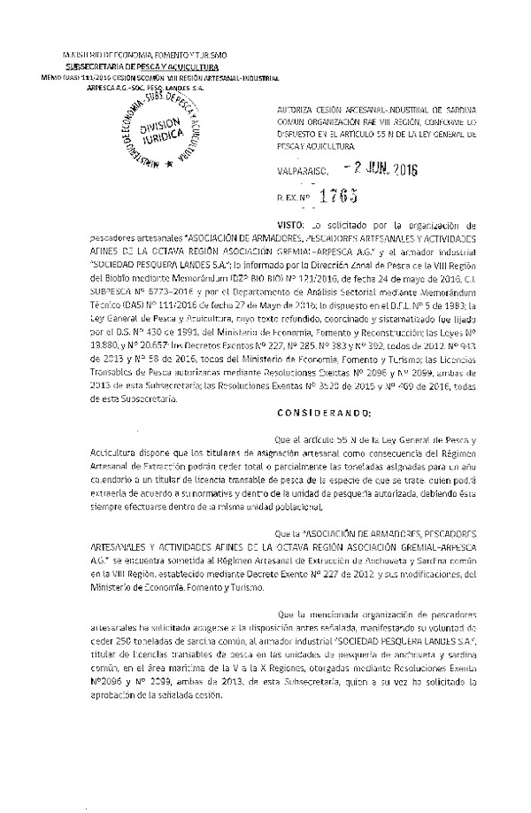 Res. Ex. N° 1765-2016 Autoriza cesión sardina común, VIII Región.