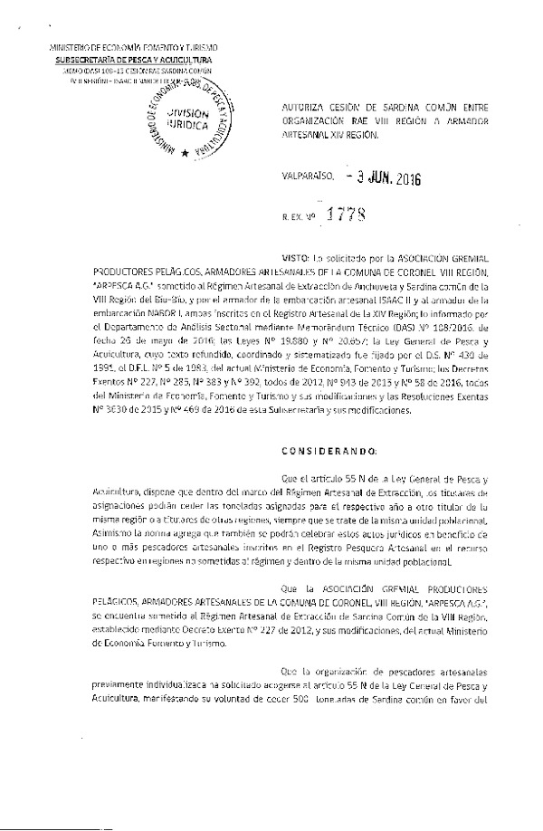 Res. Ex. N° 1778-2016 Autoriza Cesión Sardina común VIII a XIV Región.