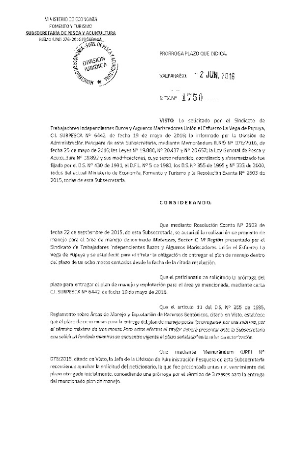 Res. Ex. N° 1750-2016 PRORROGA PLAN DE MANEJO.