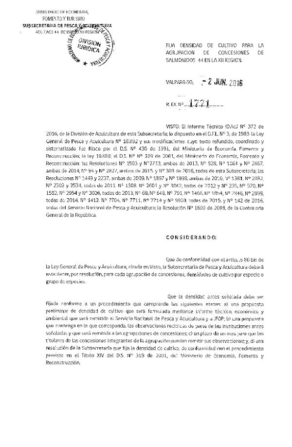 Res. Ex. N° 1771-2016 Fija densidad de cultivo para la agrupación de concesión de Salmónidos 44, XII Región. (F.D.O. 09-06-2016)