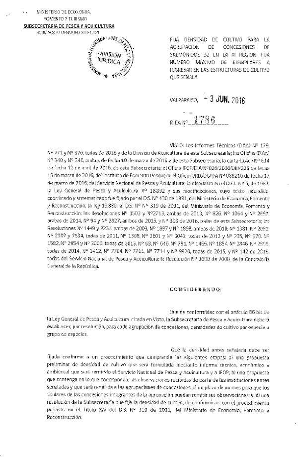 Res. Ex. N° 1786-2016 Fija densidad de cultivo para la Agrupación de concesión de Salmonidos 32, XI Región. (F.D.O. 09-06-2016)