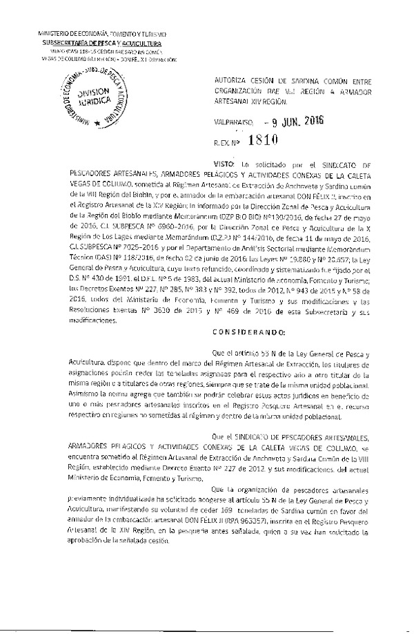 Res. Ex. N° 1810-2016 Autoriza Cesión Sardina común VIII a XIV Región.