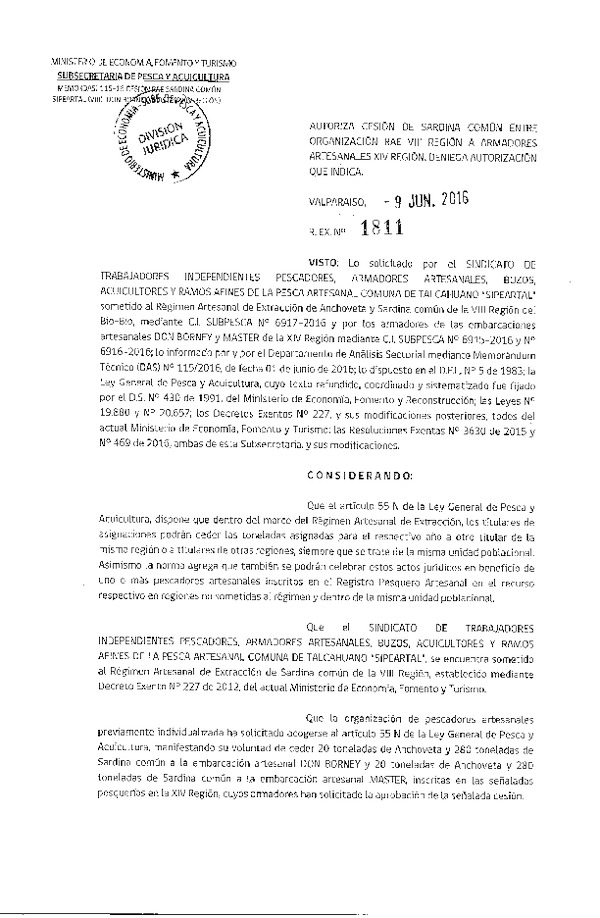 Res. Ex. N° 1811-2016 Autoriza Cesión Sardina común VIII a XIV Región.