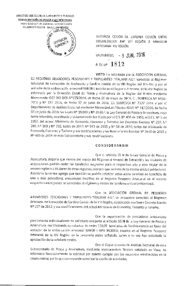 Res. Ex. N° 1812-2016 Autoriza Cesión Sardina común VIII a XIV Región.