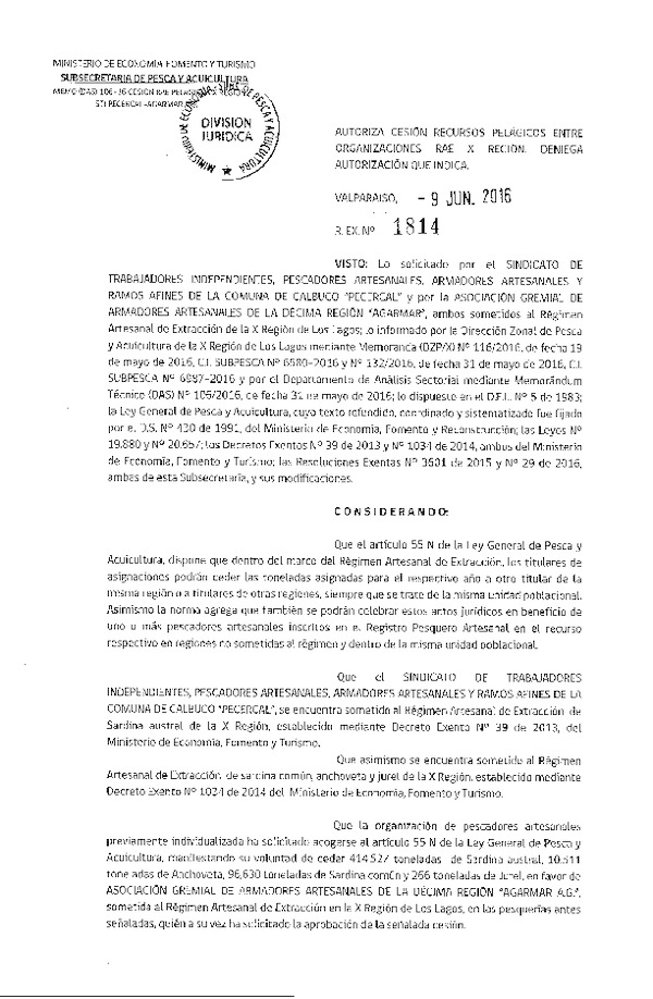 Res. Ex. N° 1814-2016 Autoriza cesión Pelágicos X Región.
