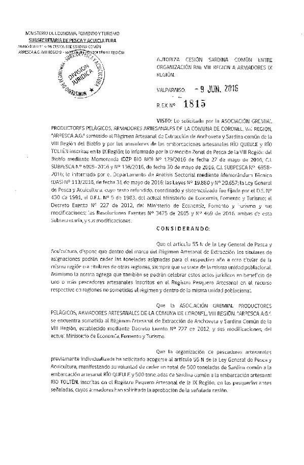 Res. Ex. N° 1815-2016 Autoriza cesión Sardina común VIII a IX Región.