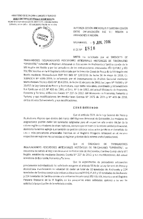 Res. Ex. N° 1816-2016 Autoriza cesión Anchoveta y Sardina común VIII a IX Región.