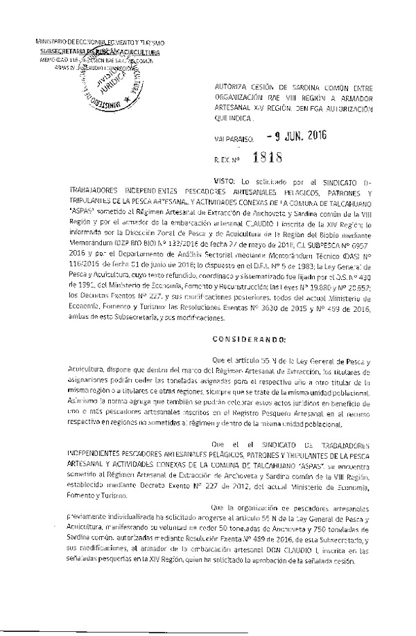 Res. Ex. N° 1818-2016 Autoriza cesión Sardina común VIII a XIV Región.