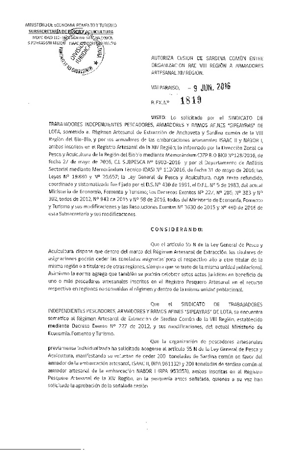 Res. Ex. N° 1819-2016 Autoriza cesión Sardina común VIII a XIV Región.