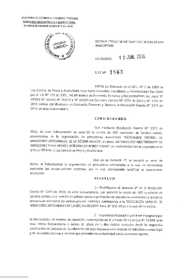 Res. Ex. N° 1863-2016 Rectifica Res. Ex. N° 1373-2016 Autoriza Cesión Sardina común X a VIII Región.